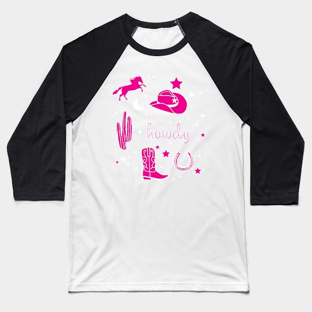 Cowboy Hat and Boot Pattern Hot Pink Cowgirl Aesthetic Baseball T-Shirt by YourGoods